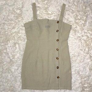 White & Tan Gingham Plaid Dress w/ Tortoise Shell Buttons